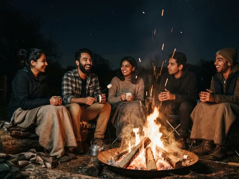 Friends laughing around a campfire