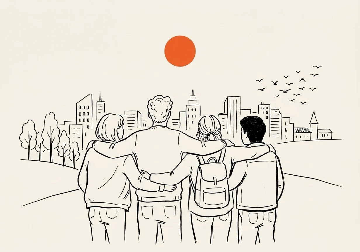 Line drawing of four friends with arms around each other, looking at the city