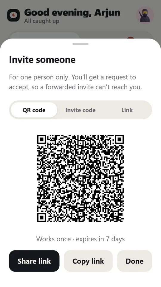 Invite screen with a QR code